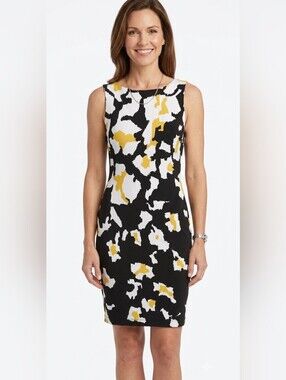 Cache Sleeveless Black, White & Yellow Printed Sheath Dress Size 0